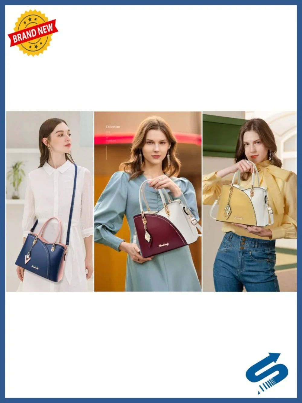 Synthetic Leather Satchel Tote Bag with Gold Hardware, 6 Pockets